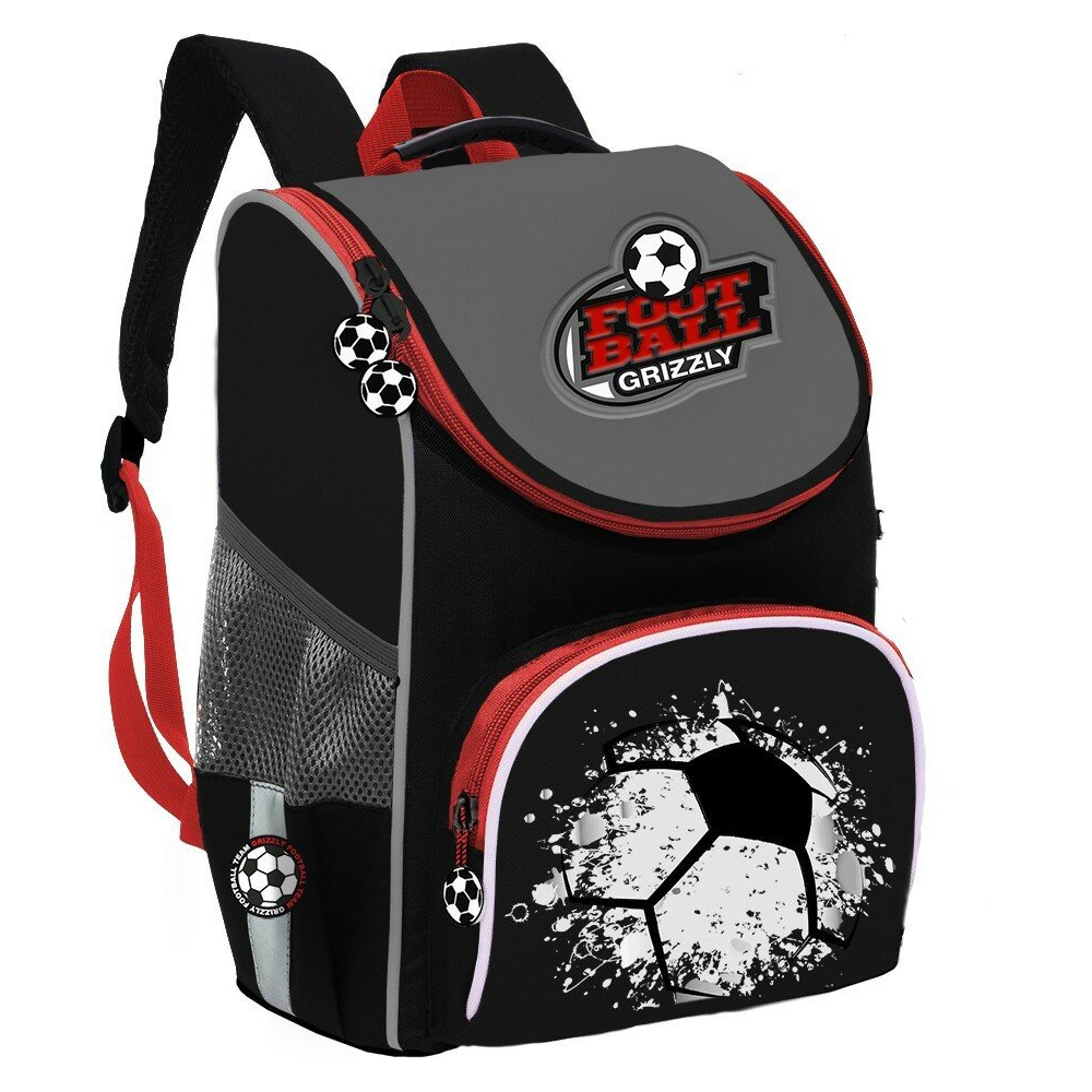Рюкзак школьный GRIZZLY с мешком Футбольный мяч, черный - фото 1