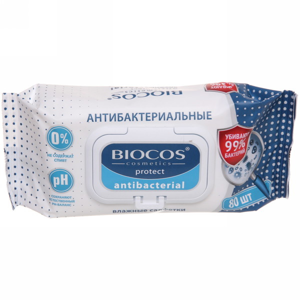Влажные салфетки Biocos антибактериальные с клапаном 80 шт, цвет белый - фото 1