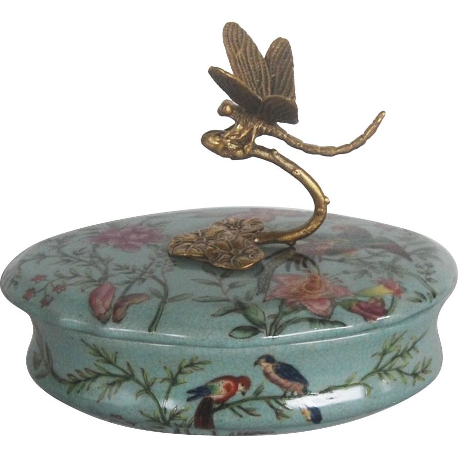 Шкатулка Glasar синяя с бронзовой стрекозой на ветке и цветочно-птичьим принтом, 17х12х13 см