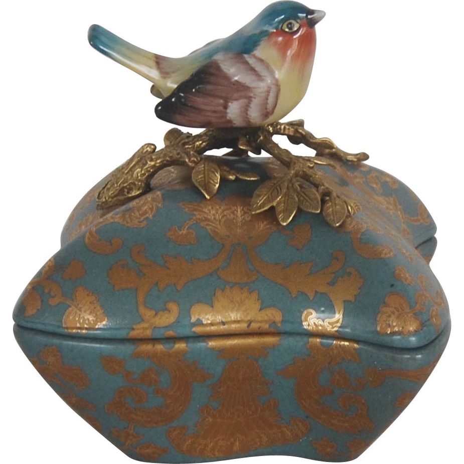 Шкатулка Glasar синяя с бронзовой птичкой и узором, 15х15х16 см