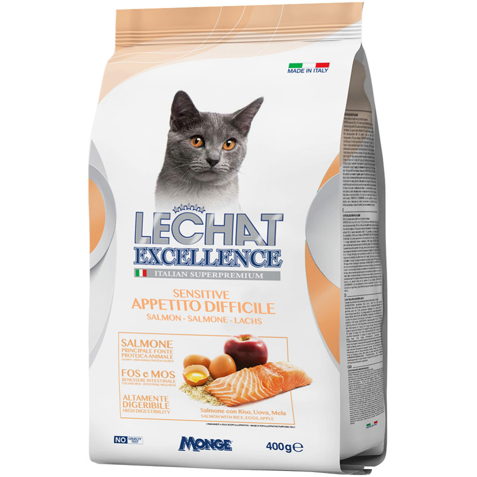 Корм для кошек LECHAT EXCELLENCE Sensitive для чувствительного пищеварения, лосось, рис, яйца, яблоки 400 г