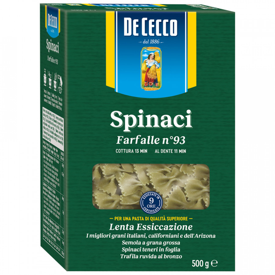 

Макаронные изделия De Cecco Фарфалле со шпинатом-93 из твердых сортов пшеницы, 500 г