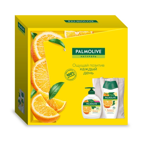 фото Набор palmolive:гель-крем для душа витамин с и апельсин 250 мл, крем-мыло для рук витамин с и апельсин 250 мл, сумка в подарок