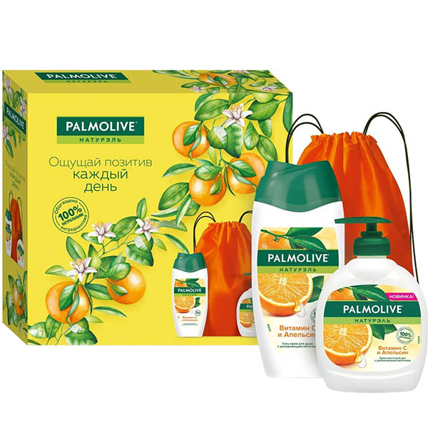Набор Palmolive:Гель-крем для душа Витамин С и Апельсин 250 мл, Крем-мыло для рук Витамин С и Апельсин 250 мл, сумка в подарок - фото 2