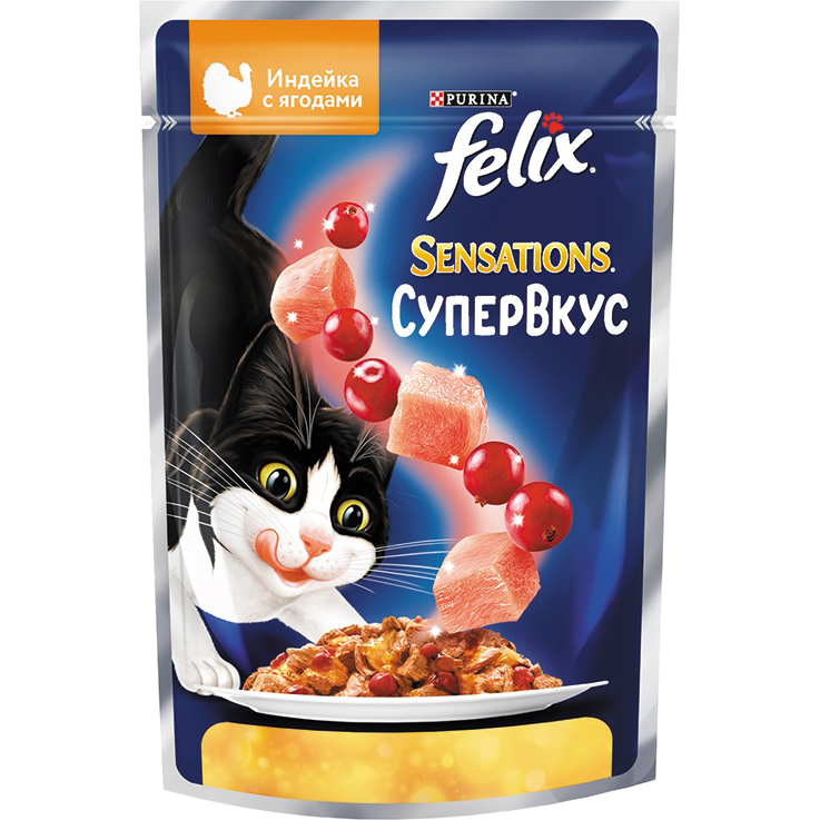 фото Корм для кошек felix sensations супервкус со вкусом индейки и ягод, в желе 75 г