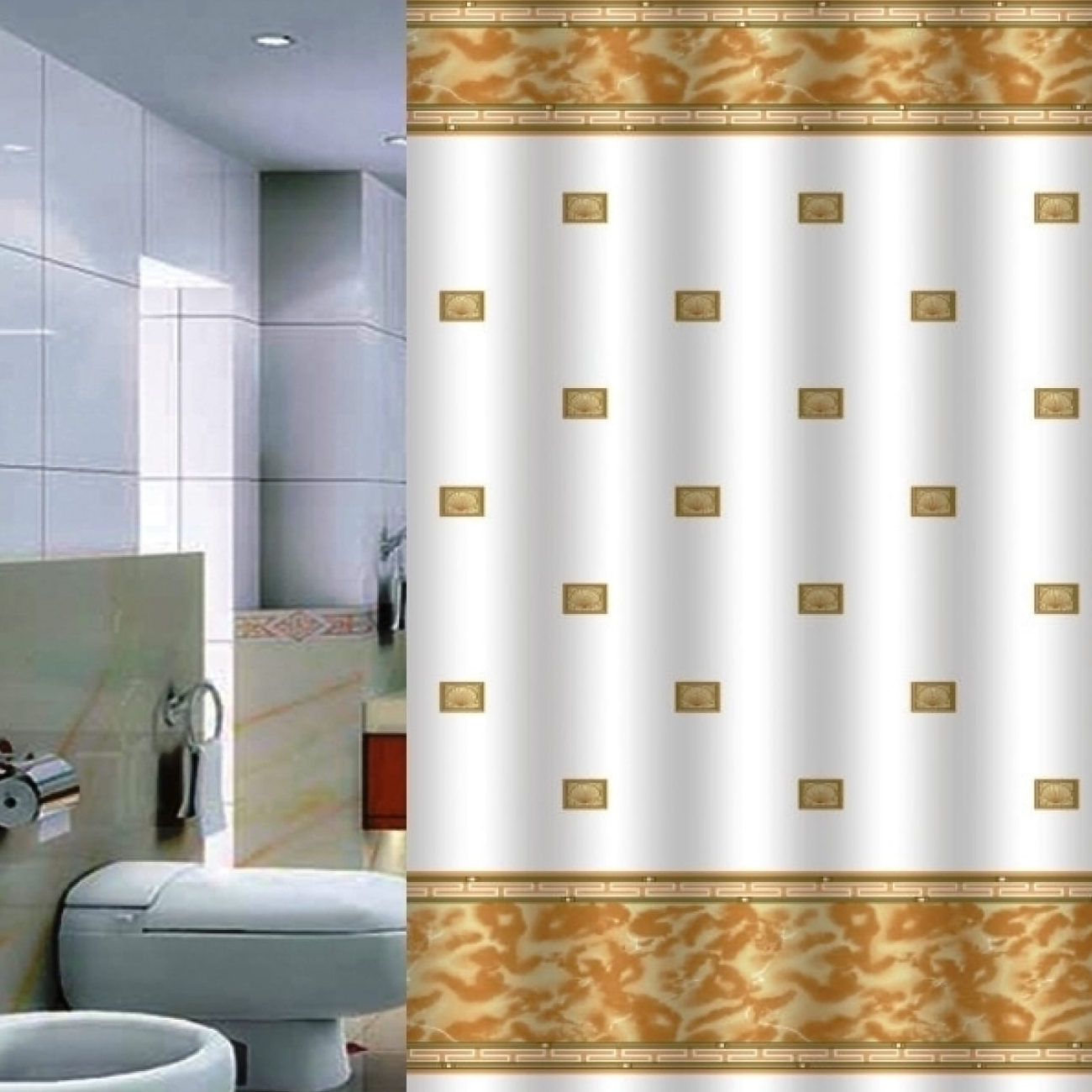 Штора для ванной Primanova Zumrut белая с бежевым и золотым 180х200 см, цвет бежевый