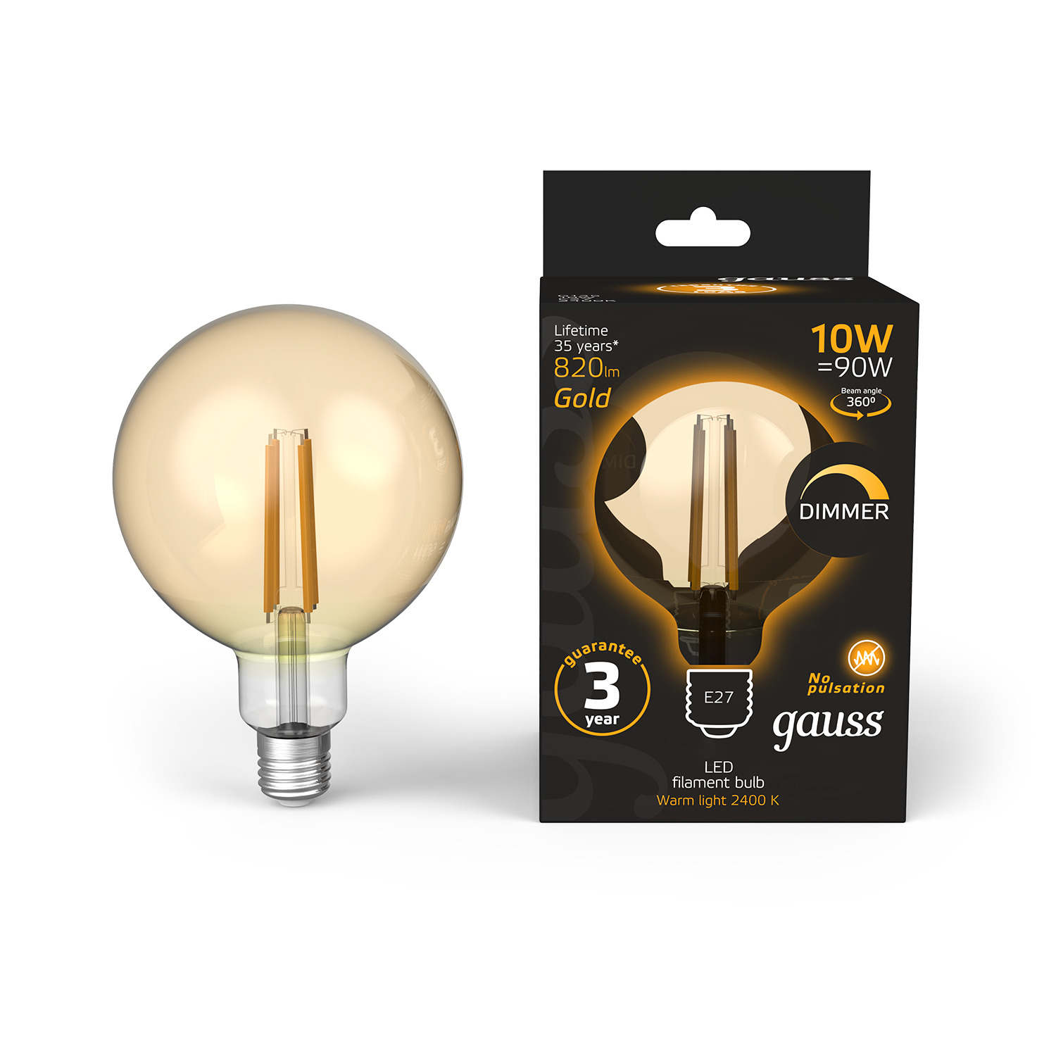 фото Лампа gauss filament g125 10w 820lm 2400к е27 golden диммируемая led