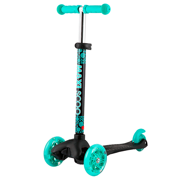 

Самокат Maxiscoo Baby 3-х колесный со светящимися колесами черный с бирюзой, Черный;бирюзовый