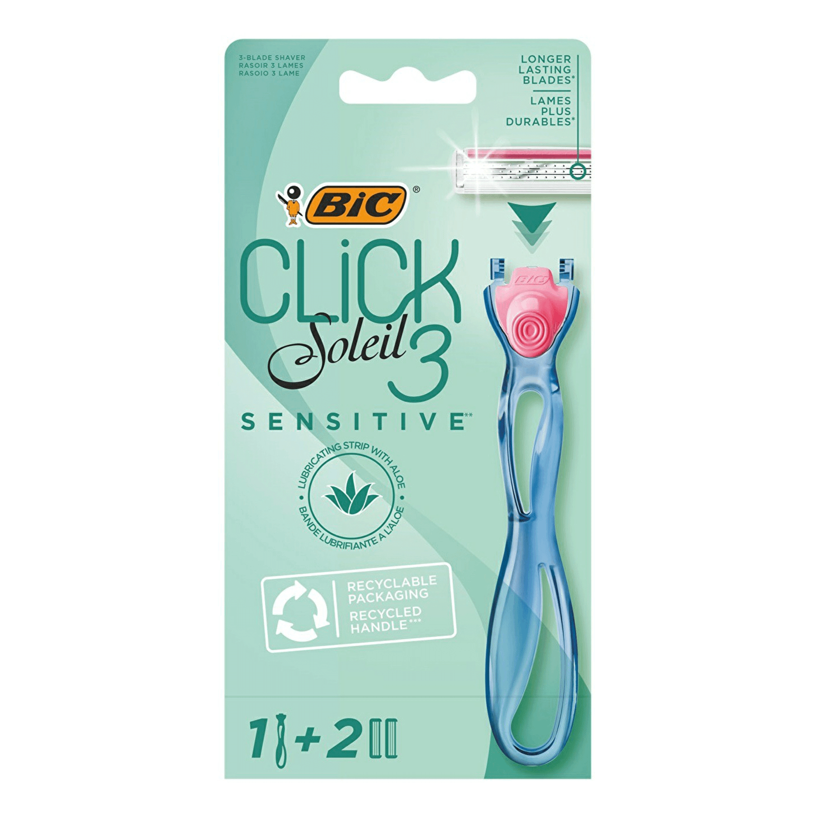 фото Бритвенный станок bic click soleil 3 sensitive с тройным лезвием, 2 сменные кассеты