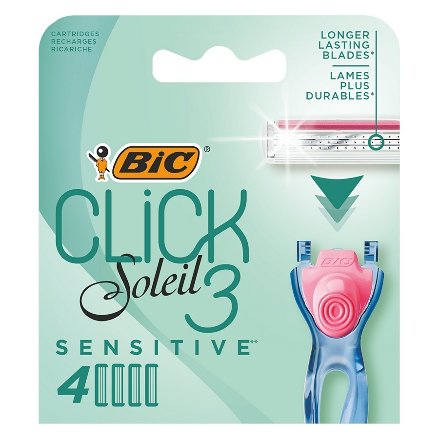 фото Сменные кассеты для бритвы bic click 3 soleil sensitive 3 подвижных лезвия, женские, 4 шт