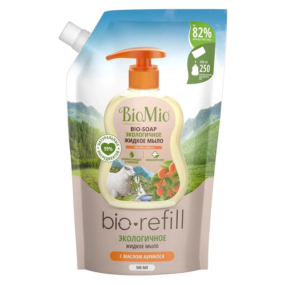 Мыло жидкое BioMio экологичное с маслом абрикоса, сменный блок, 500 мл