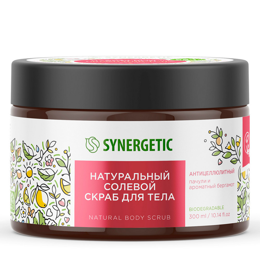 фото Скраб для тела synergetic антицеллюлитный пачули и ароматный бергамот, солевой, натуральный,300 мл