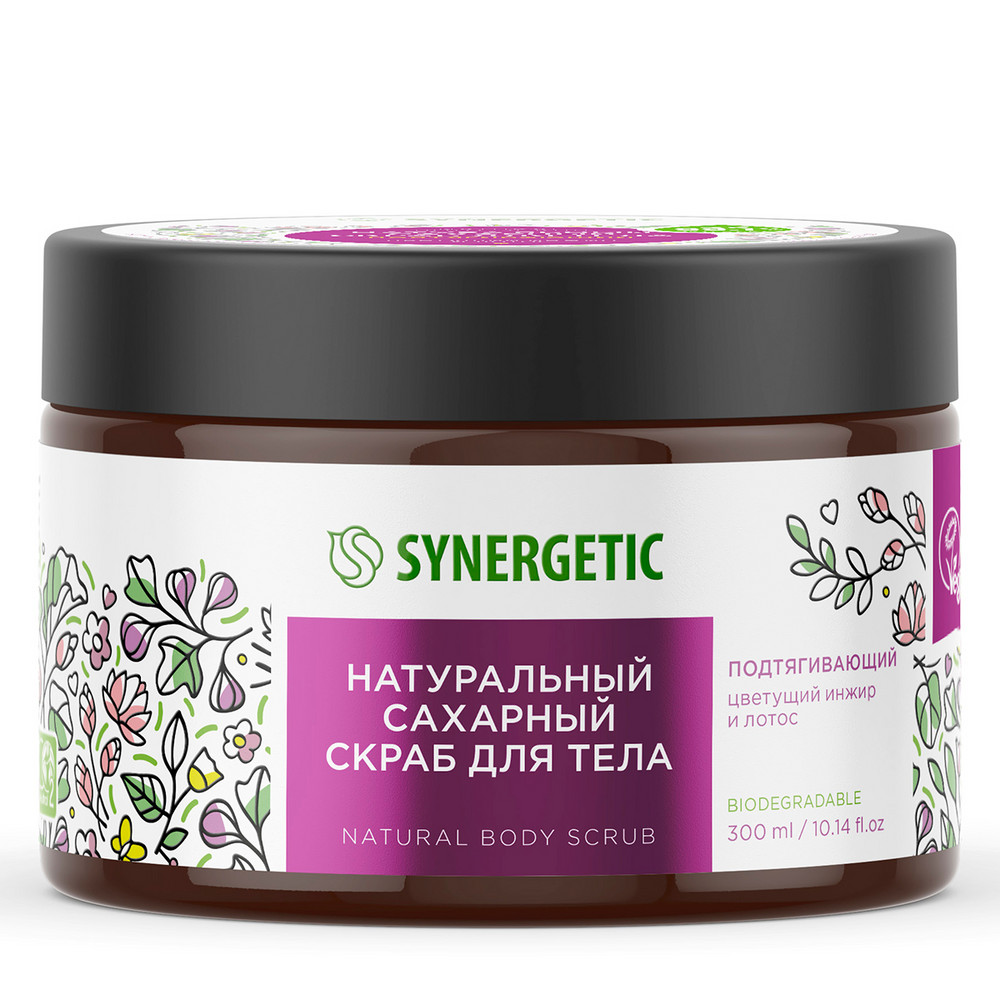 фото Скраб для тела synergetic подтягивающий цветущий инжир и лотос, сахарный, натуральный, 300 мл