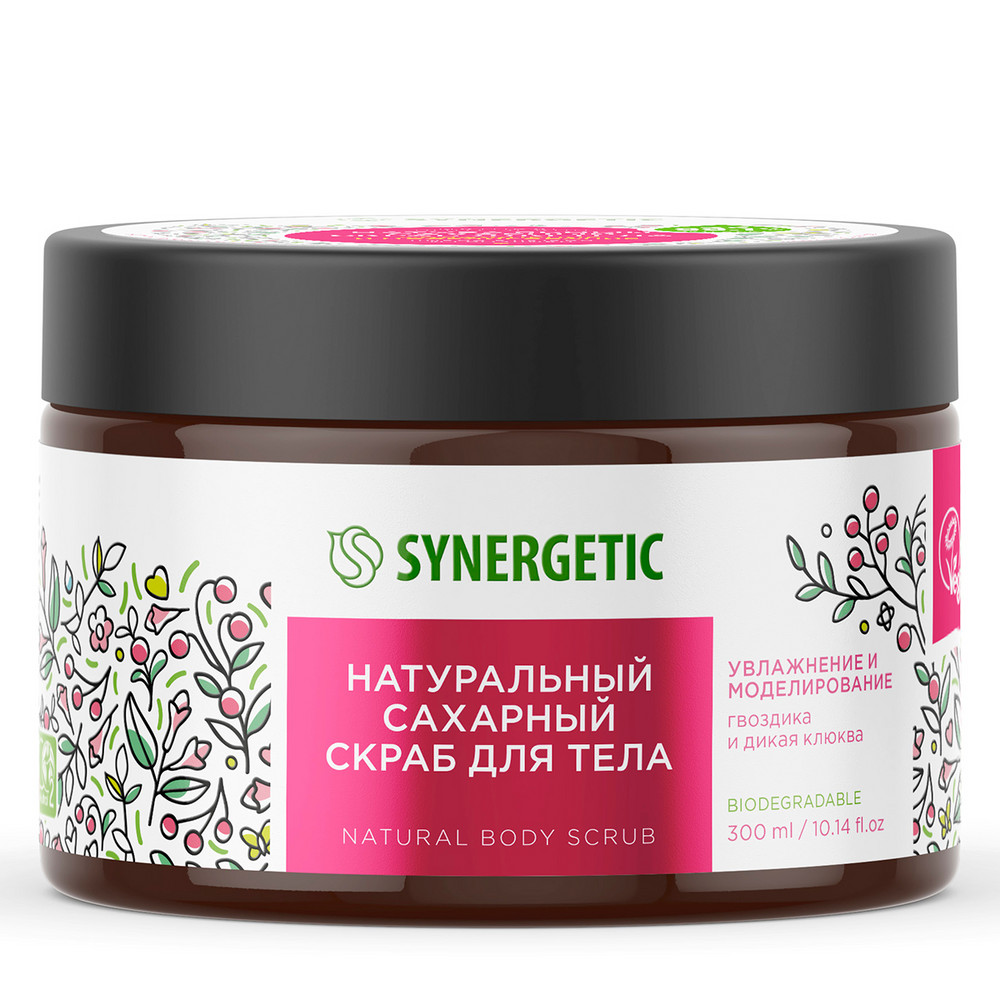 фото Скраб для тела synergetic увлажнение и моделирование гвоздика и дикая клюква, сахарный, натуральный, 300 мл