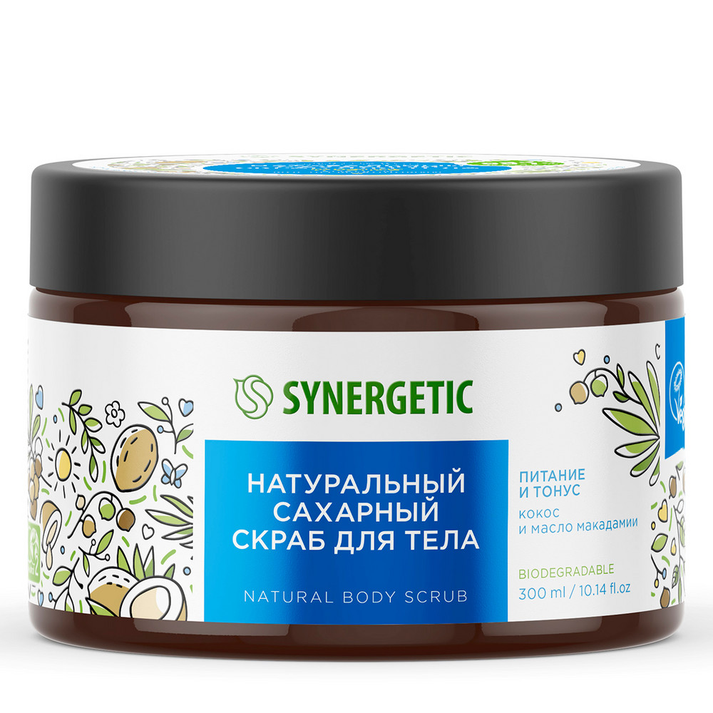 фото Скраб для тела synergetic питание и тонус кокос и масло макадамии сахарный, натуральный, 300 мл