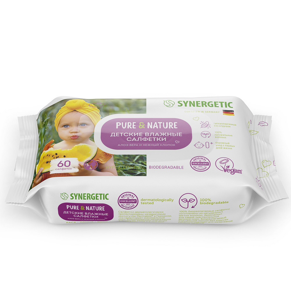 Гипоаллергенные детские влажные салфетки Synergetic Pure&Nature Алоэ вера и нежный хлопок, 60 шт