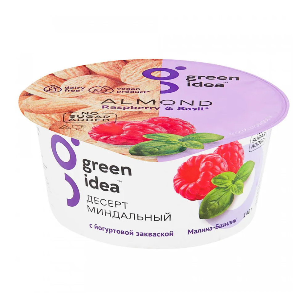 Миндальный десерт Green Idea с малиной и базиликом в йогуртовой закваске, 140 г