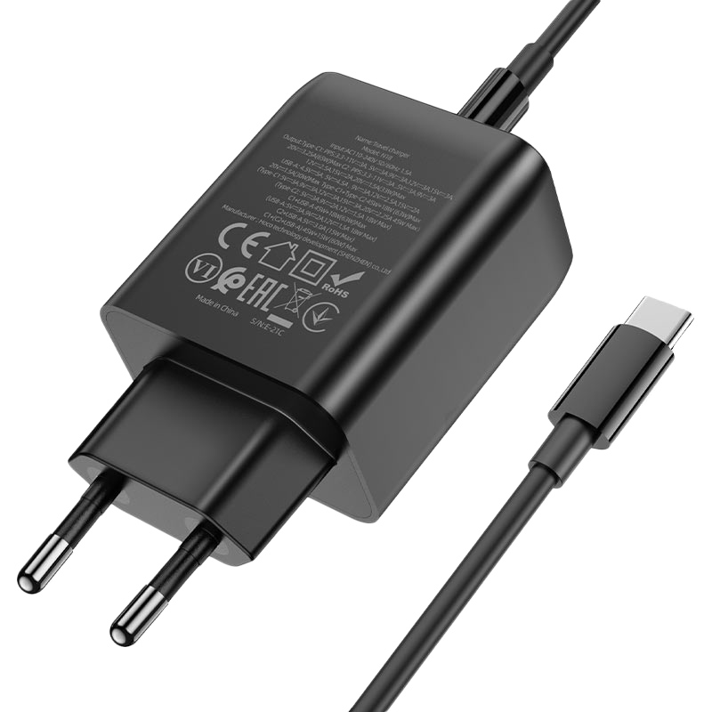 Зарядное устройство Hoco N18 Phenomenon (2xUSB Type-C, USB) кабель Type-C, черный - фото 2