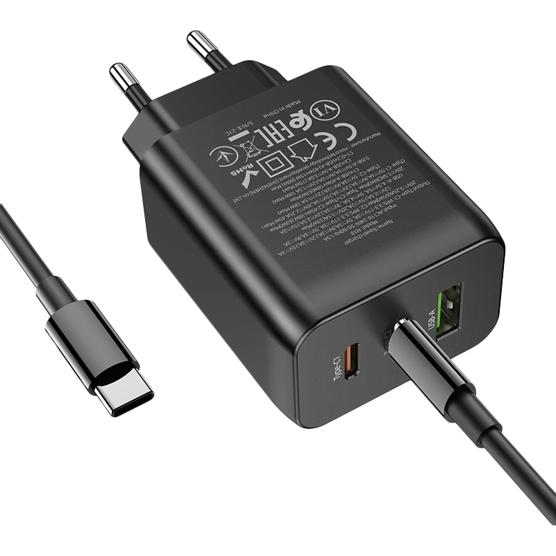 Зарядное устройство Hoco N18 Phenomenon (2xUSB Type-C, USB) кабель Type-C, черный - фото 5