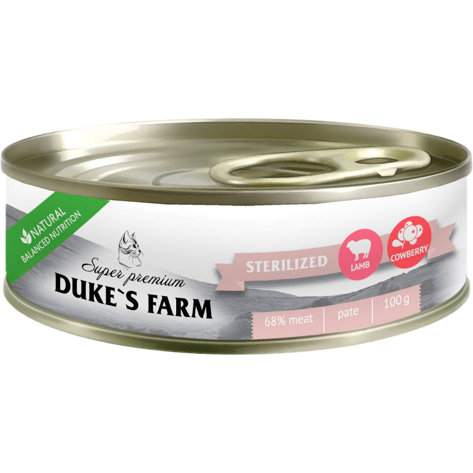 Корм для стерилизованных кошек DUKE'S FARM ягненок с брусникой и шпинатом 100 г