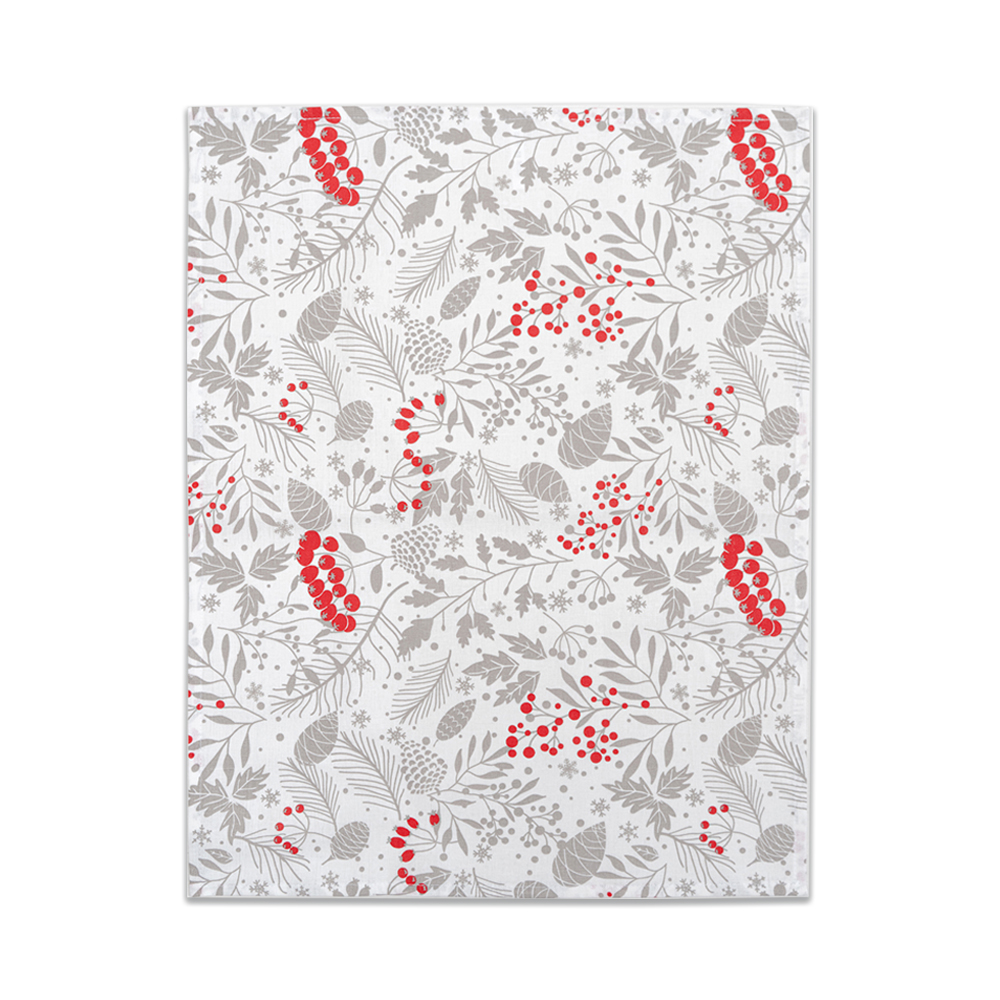 Кухонное полотенце Лён Наш Зимняя рябина белое с красным и серым 47х61 см