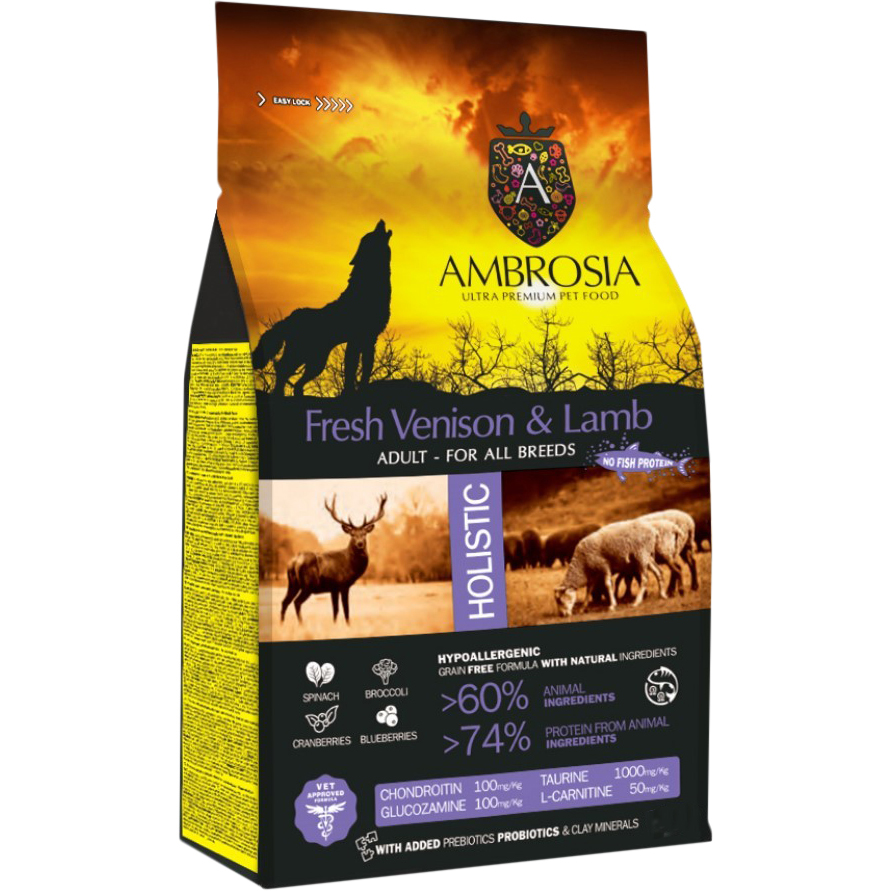 фото Корм для собак ambrosia беззерновой со свежей олениной и мясом ягненка 12 кг