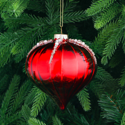 Изображение товара Игрушка ёлочная стеклянная красная луковица с бисером 10 см Yancheng Shiny