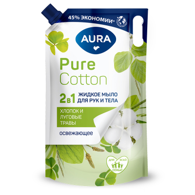 Изображение товара Жидкое мыло Aura 2в1 для рук и тела хлопок и травы 850 мл