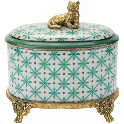 Изображение товара Шкатулка Glasar на ножках с кошечкой зеленая 13х9х12 см