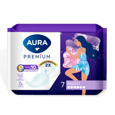 Изображение товара Гигиенические прокладки Aura Night 7 шт для ночного использования без отдушки Изображение товара Гигиенические прокладки Aura Night 7 шт для ночного использования без отдушки