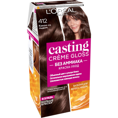 Изображение товара Краска для волос L'Oreal Casting Creme Gloss 412 Какао со льдом 254 мл Изображение товара Краска для волос L'Oreal Casting Creme Gloss 412 Какао со льдом 254 мл