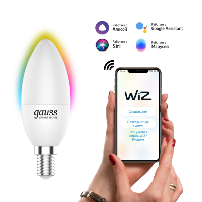 Изображение товара Умная Wi-Fi лампочка Gauss Smart Home C37 5W E14 управление голосом и цветом Изображение товара Умная Wi-Fi лампочка Gauss Smart Home C37 5W E14 управление голосом и цветом