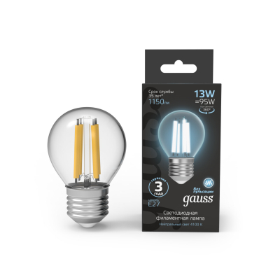Изображение товара Лампа Gauss Filament Шар 13W 1150lm 4100К Е27 LED 1/10/50 Изображение товара Лампа Gauss Filament Шар 13W 1150lm 4100К Е27 LED 1/10/50