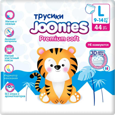 Изображение товара Joonies Premium soft L трусики подгузники 9 14 кг 44 шт мультиколор