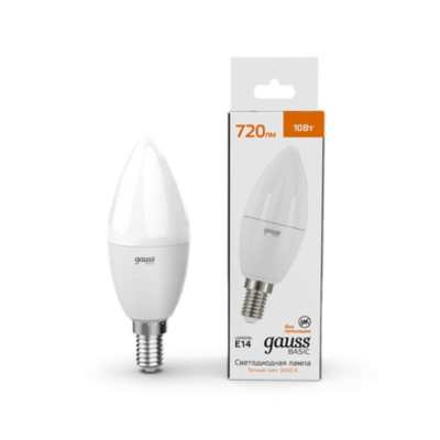 Изображение товара Лампа LED Gauss Basic C37 10W 720lm 3000K E14 Светодиодная удобная лампочка Изображение товара Лампа LED Gauss Basic C37 10W 720lm 3000K E14 Светодиодная удобная лампочка