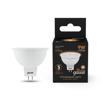 Изображение товара Светодиодная лампа Gauss MR16 9W 830LM 3000K GU5.3 для внутреннего и наружного освещения