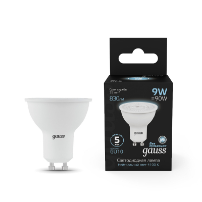 Изображение товара Светодиодная лампа Gauss MR16 9W GU10 4100K для внутреннего и уличного освещения Изображение товара Светодиодная лампа Gauss MR16 9W GU10 4100K для внутреннего и уличного освещения