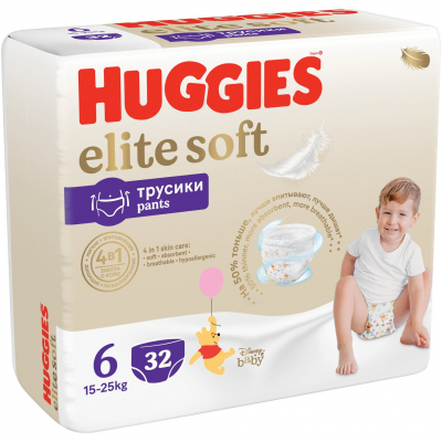 Изображение товара Подгузники-трусики Huggies Elite Soft 6 15-25 кг 32 шт - гипоаллергенные и дышащие для активных дет Изображение товара Подгузники-трусики Huggies Elite Soft 6 15-25 кг 32 шт - гипоаллергенные и дышащие для активных дет