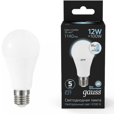 Изображение товара Лампа Gauss A60 12W 1140lm 4100K E27 диммируемая LED лампа Изображение товара Лампа Gauss A60 12W 1140lm 4100K E27 диммируемая LED лампа