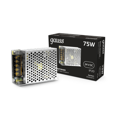 Изображение товара Блок питания Gauss 75W 24V IP20 металлический надежный компактный Изображение товара Блок питания Gauss 75W 24V IP20 металлический надежный компактный