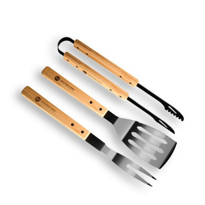 Изображение товара Набор грильмена 800 Degrees Barbecue Tools Red line с ручками из бамбука 3 предмета