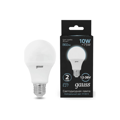 Изображение товара Лампа Gauss A60 светодиодная E27 10W 860lm 4100K AC12-36V Изображение товара Лампа Gauss A60 светодиодная E27 10W 860lm 4100K AC12-36V