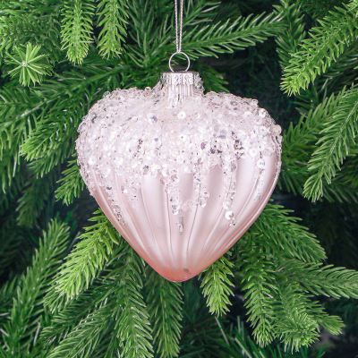 Изображение товара Розовая стеклянная елочная игрушка сердце с паетками 10 см