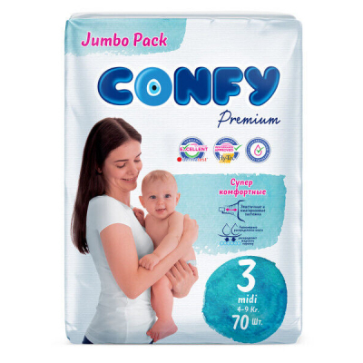 Изображение товара Подгузники Confy Premium Midi для детей 4-9 кг, 70 штук Изображение товара Подгузники Confy Premium Midi для детей 4-9 кг, 70 штук
