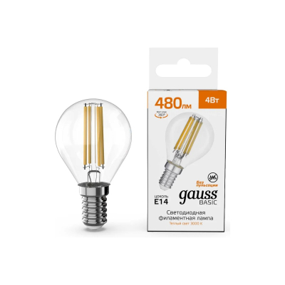 Изображение товара LED лампа Gauss Basic Filament Шар 4W E14 480lm теплый свет 3000K Изображение товара LED лампа Gauss Basic Filament Шар 4W E14 480lm теплый свет 3000K
