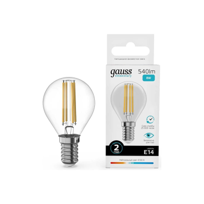 Изображение товара LED лампа Gauss Filament Elementary Шар 8W 540lm 4100К Е14 Изображение товара LED лампа Gauss Filament Elementary Шар 8W 540lm 4100К Е14