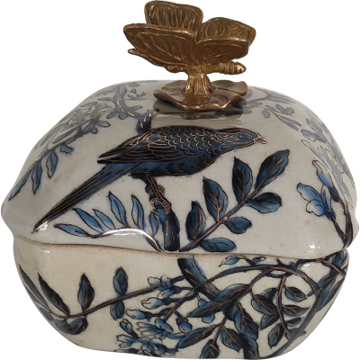 Изображение товара Шкатулка Glasar молочная с синей птицей и цветами и бабочкой на крышке, 11x11x11 см