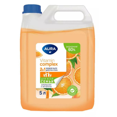 Изображение товара Мыло жидкое для рук и тела AURA апельсин и витамины 5 л