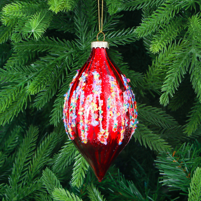 Изображение товара Яркая красная елочная игрушка шар с разноцветными узорами 7x14 см