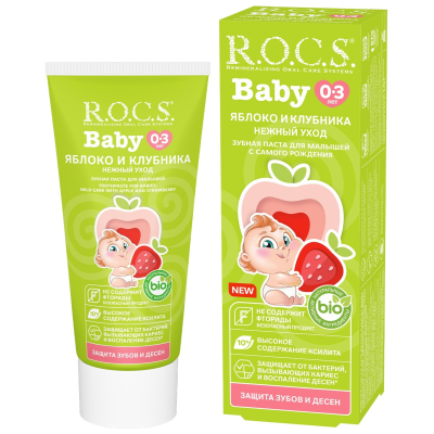 Изображение товара Детская зубная паста Rocs Нежный уход яблоко и клубника 45 г для малышей Изображение товара Детская зубная паста Rocs Нежный уход яблоко и клубника 45 г для малышей
